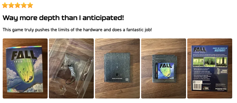 Customer photos of the Fall from Space box, included charm and insert, game cartridge, and back cover.