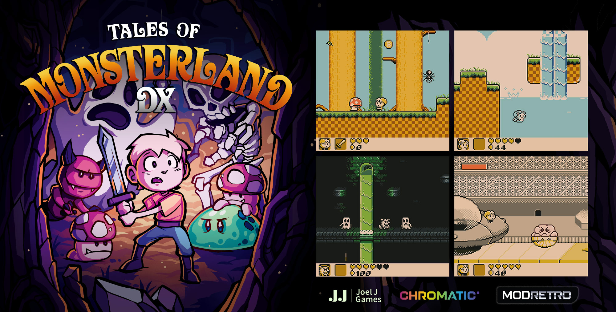 Tales of Monsterland DX key art and screenshots for Game Boy Color.