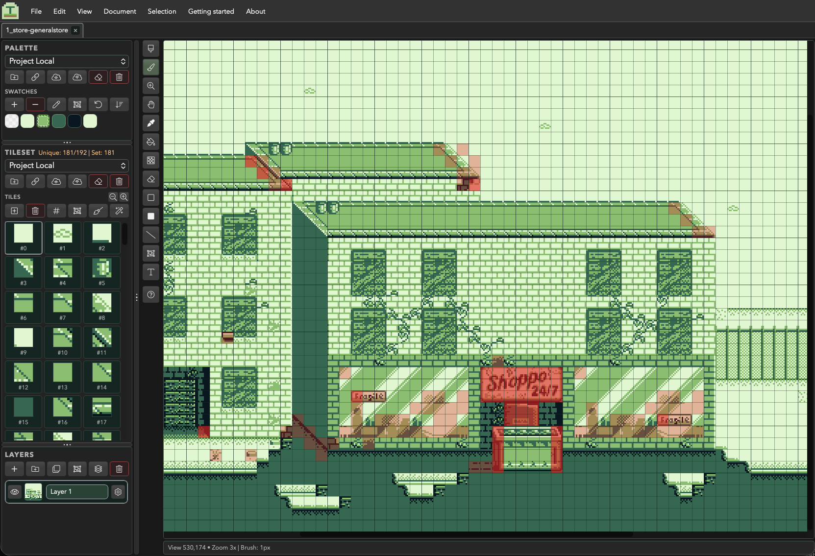 The Tessarium editor with a Game Boy Color general store scene open, showing the palette, tileset and layers panels.