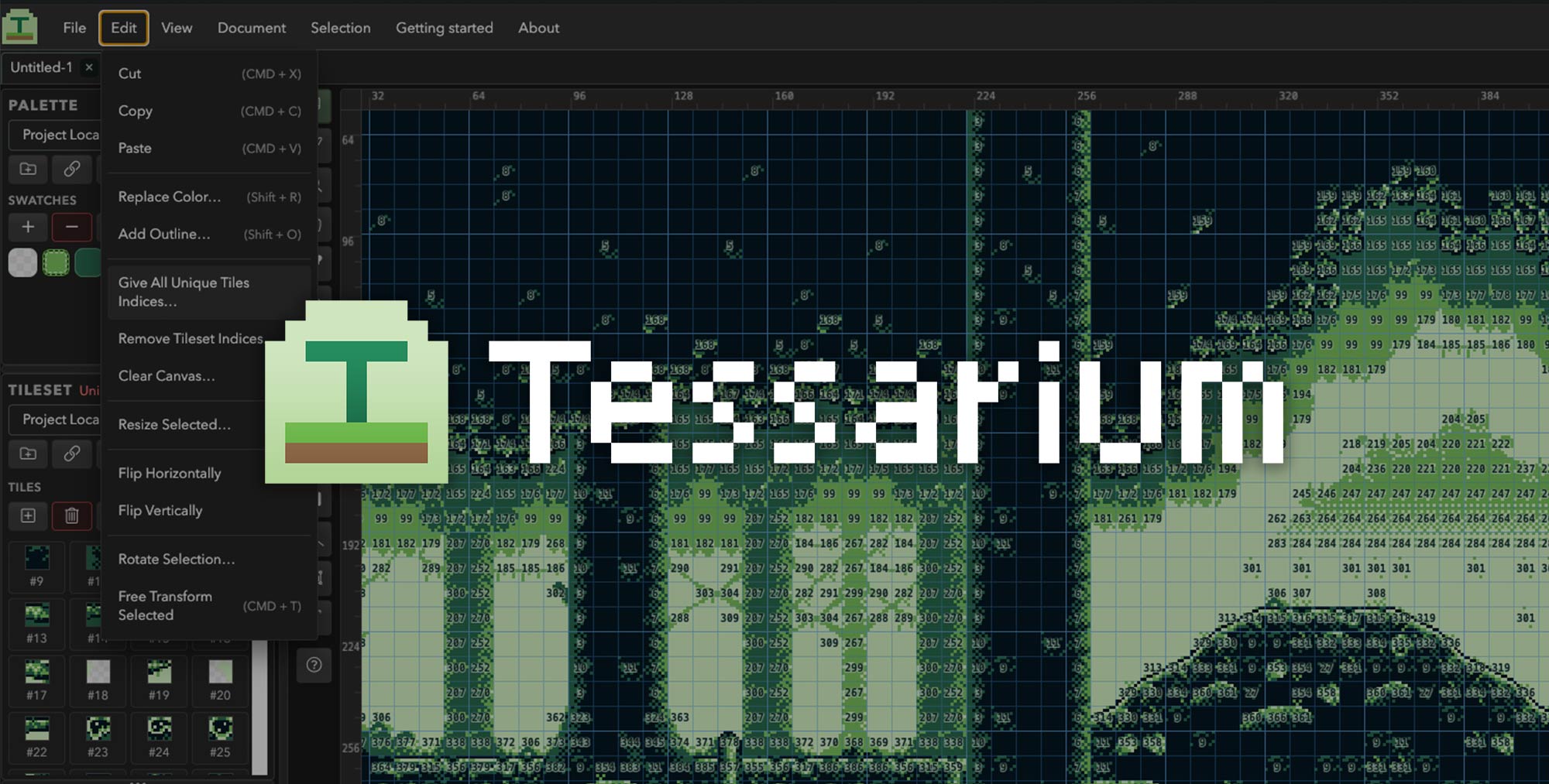 Tessarium tile editor interface showing a retro pixel art level.