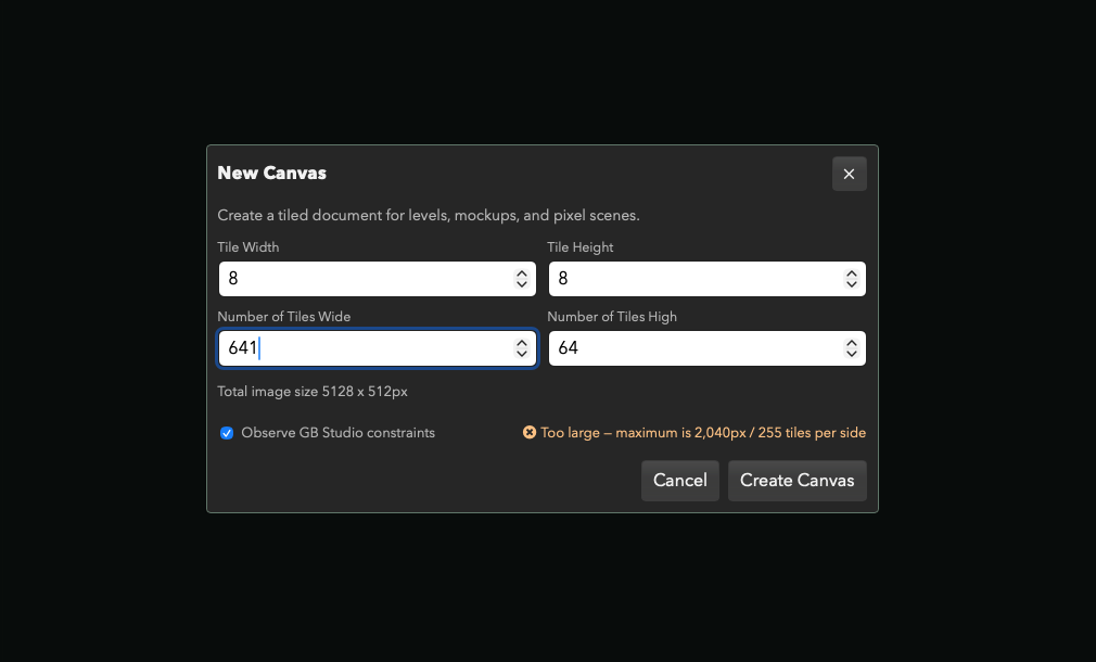 The Tessarium New Canvas dialog warning that the entered size is too large for the selected platform.