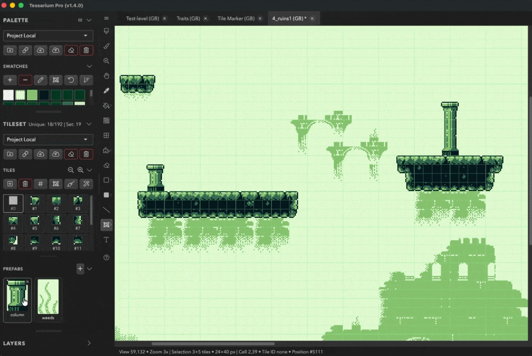 Dragging a saved prefab from the Prefabs panel and stamping it into a level.