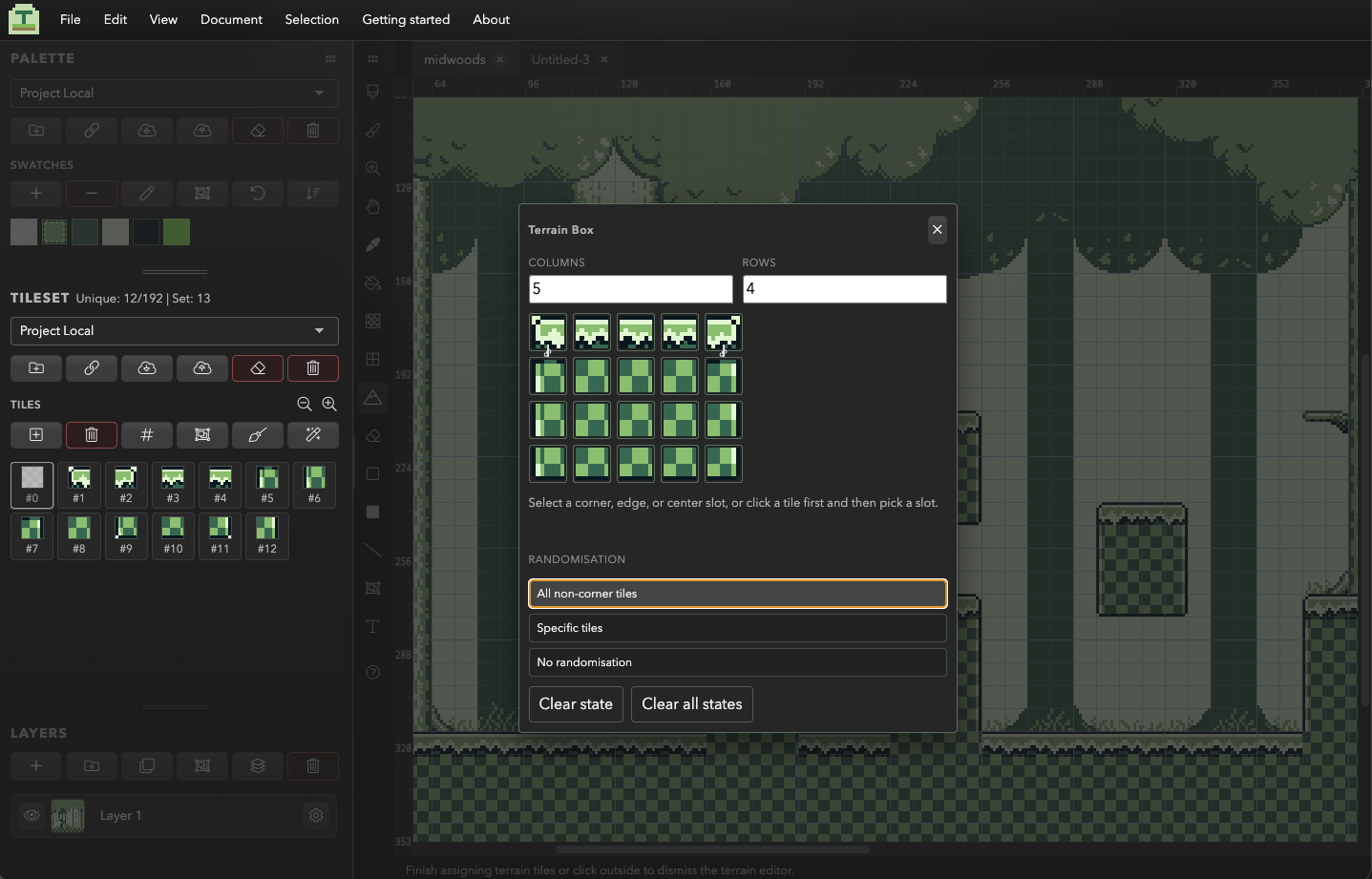 The Tessarium Terrain Box editor, showing a resizable grid of corner, edge and interior tile slots with randomisation options.