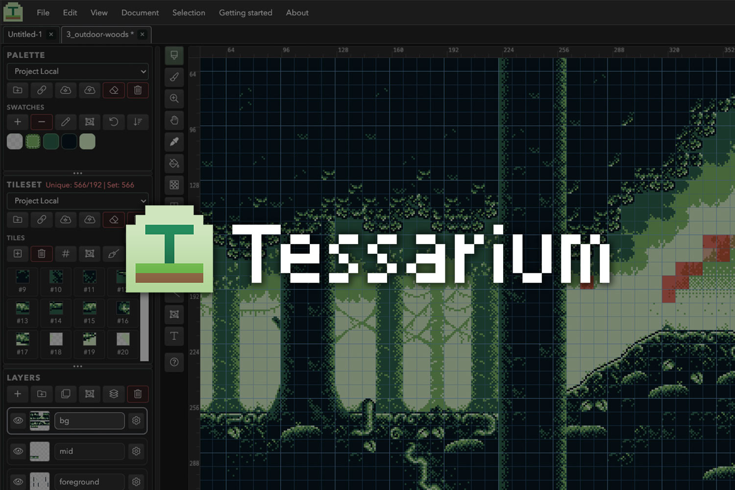 Tessarium project banner showing a retro pixel art level editor.
